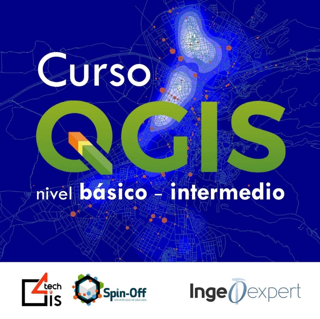 Cartel promocional del curso QGIS de formación nivel básico-intermedio ofrecido por ingeoexpert y GIS4tech