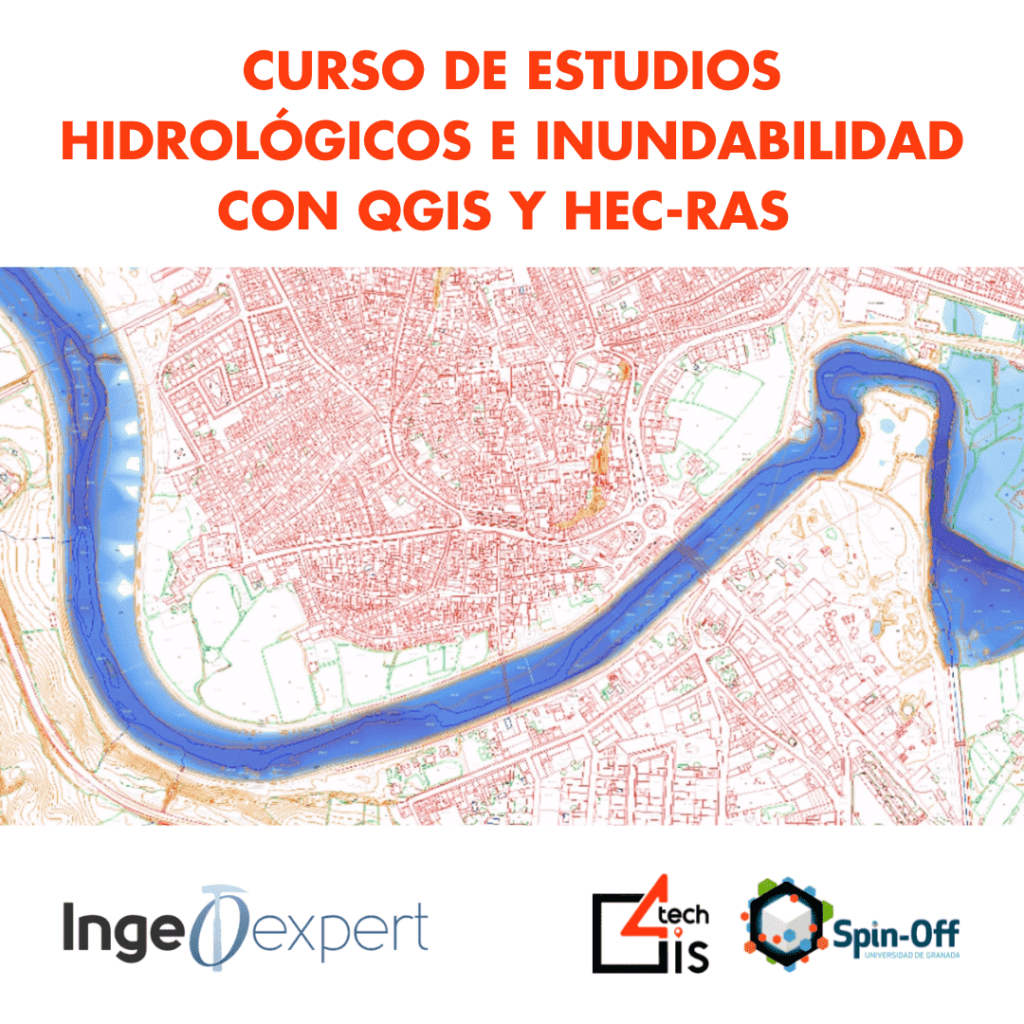 Cartel promocional del curso de hidrología e inundabilidad con QGIS y HEC-RAS en el que se ve una Modelización Hidráulica en 2D