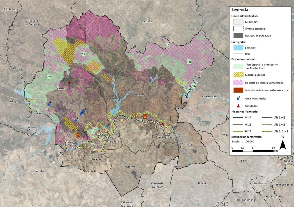 Cartografía que muestra el Patrimonio Natural que se encuentra cercano a las diversas alternativas del Camino Natural del Guadalquivir encargado por la Diputación de Córdoba