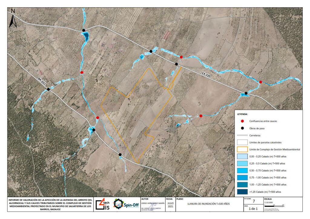 Informe de Valoración de la afección de la avenida del arroyo del alcornocal y sus cauces tributarios sobre el complejo de gestión medioambiental proyectado en el municipio de Salvatierra de los Barros. Badajoz