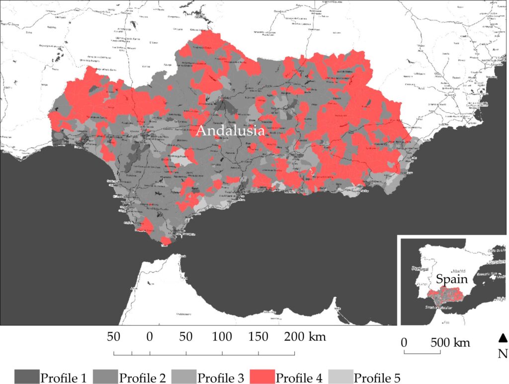 Mapa generado por un mapa autoorganizado (SOM) en le que se diferencian los diferentes perfiles que se han agrupado en función de características sociales y geográficas