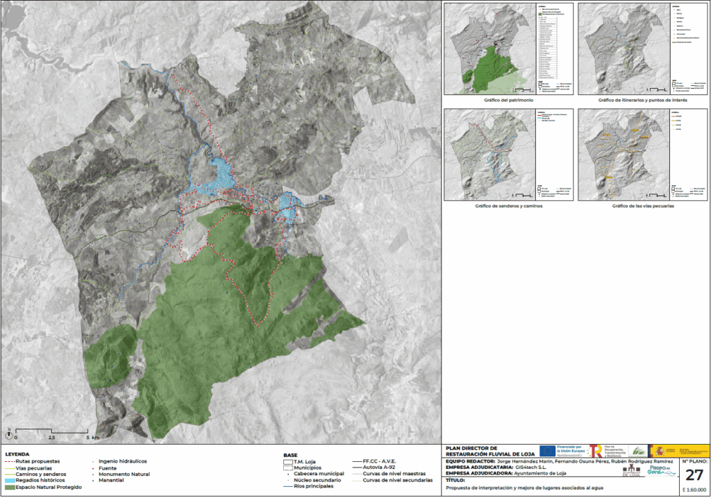 Mapa de Loja que muestra, zonas de regadíos históricos, espacios naturales protegidos, gráficos del patrimonio, itinerarios y puntos de interés, senderos y caminos y vías pecuarias